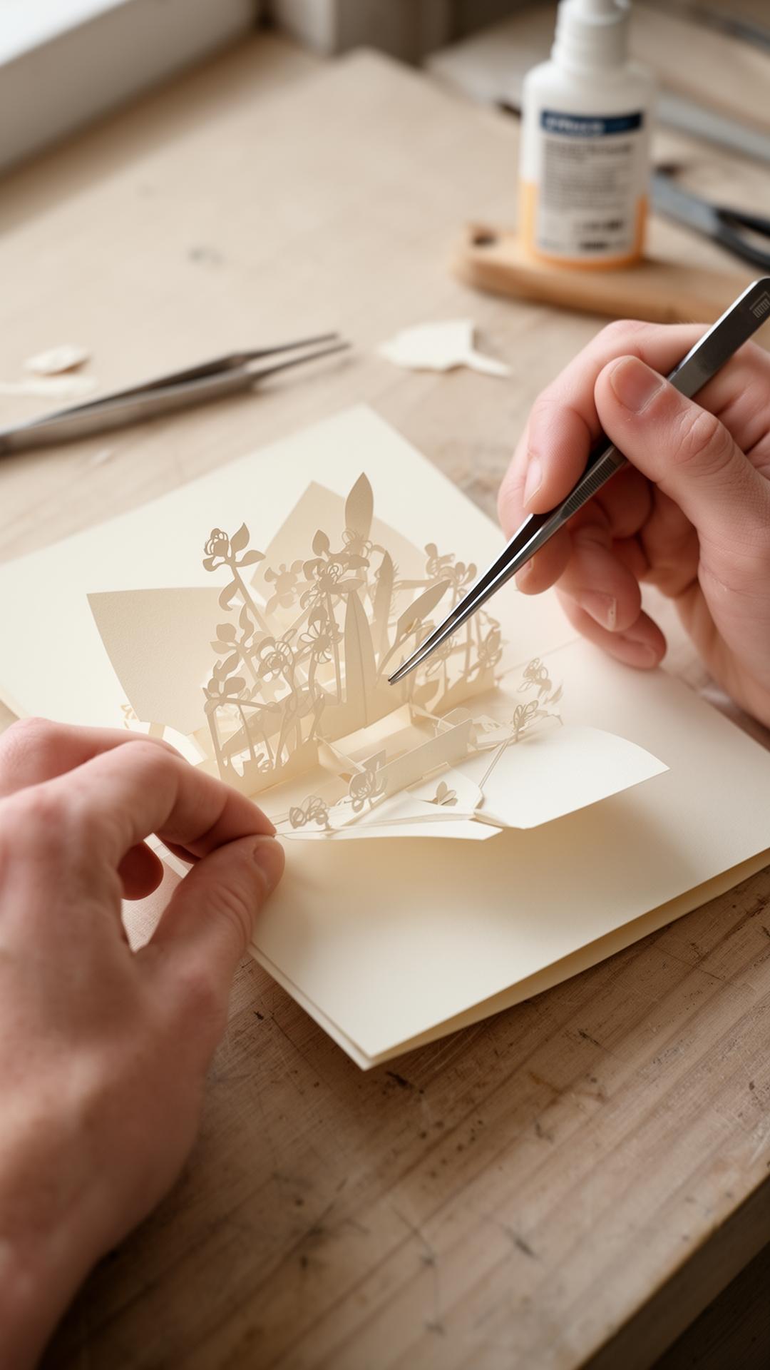 Fase III: Montaje — proceso artesanal de las tarjetas pop-up Casa de Chaupi