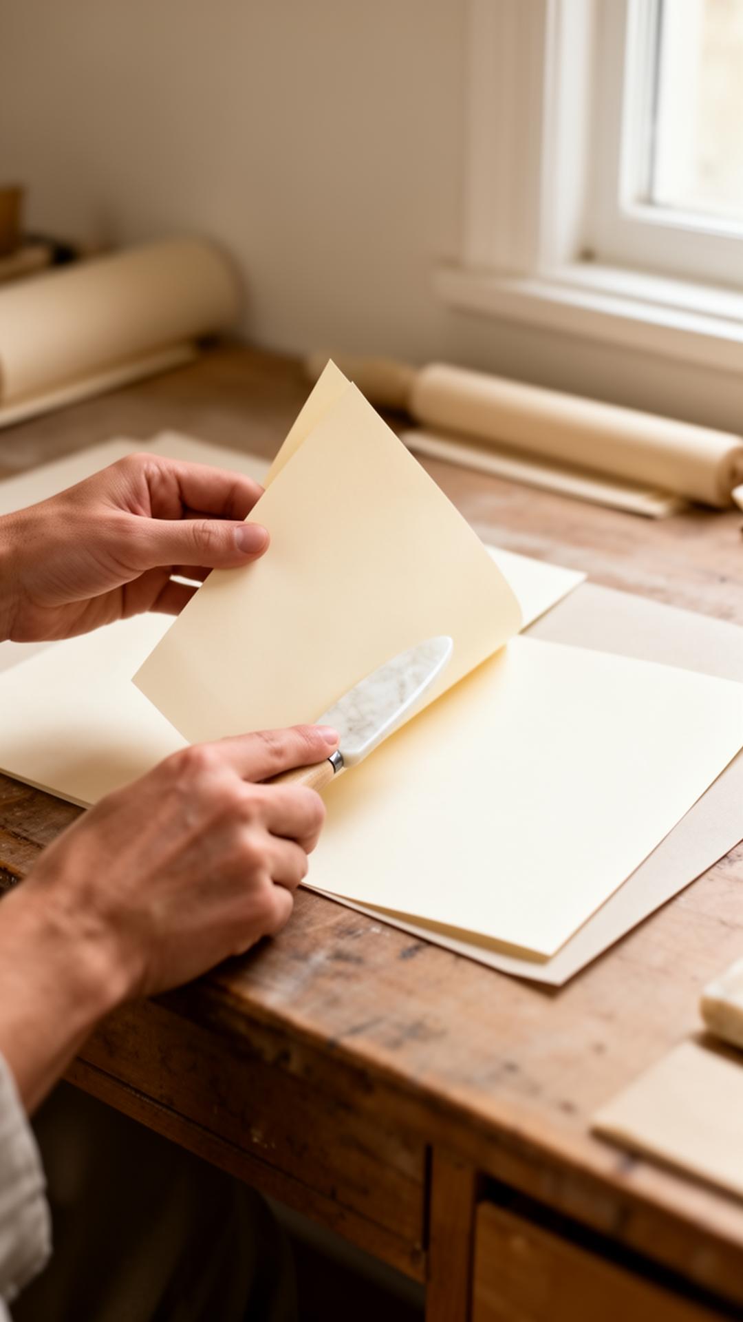 Fase II: Pliegue — proceso artesanal de las tarjetas pop-up Casa de Chaupi